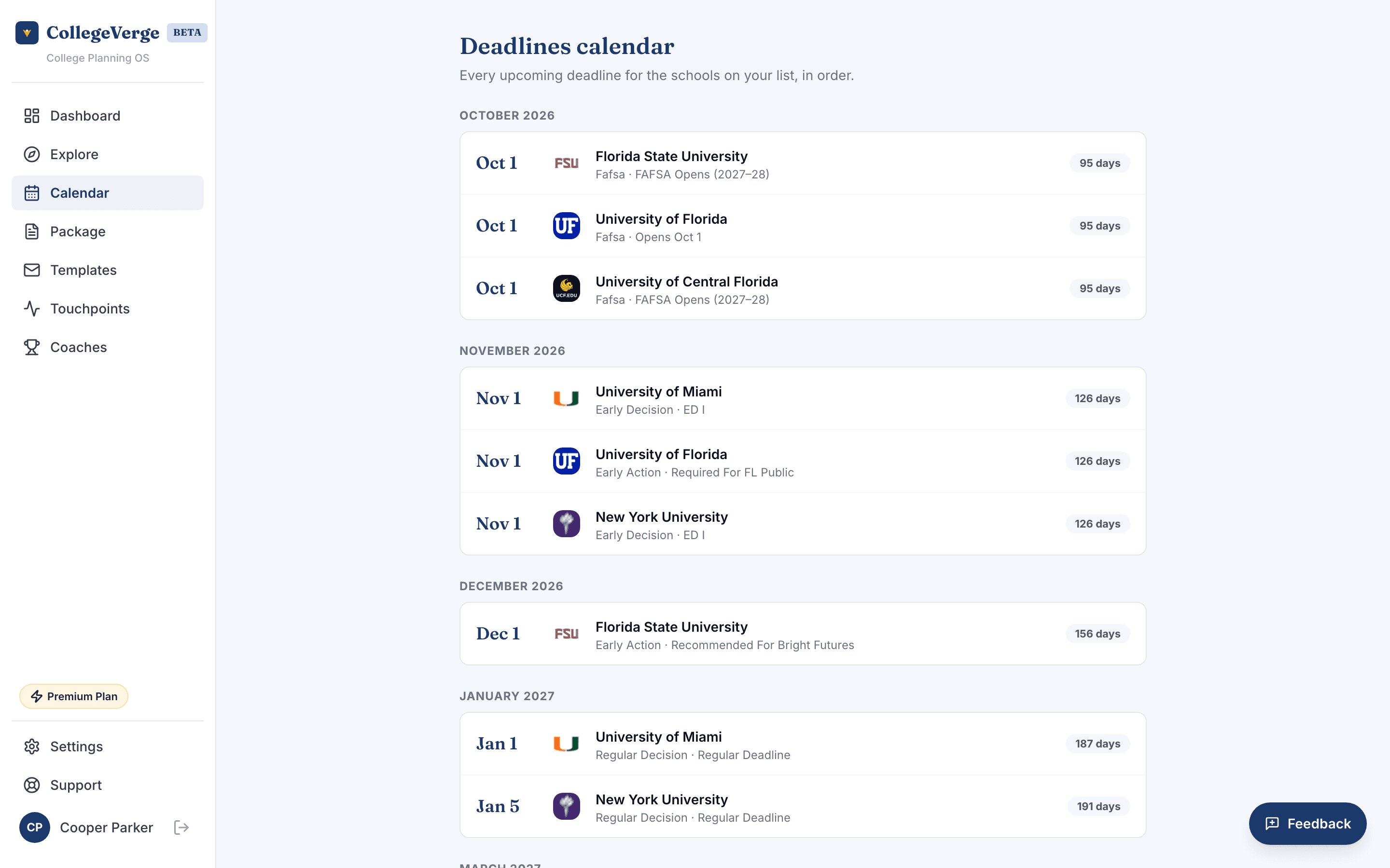 Deadlines calendar grouped by month