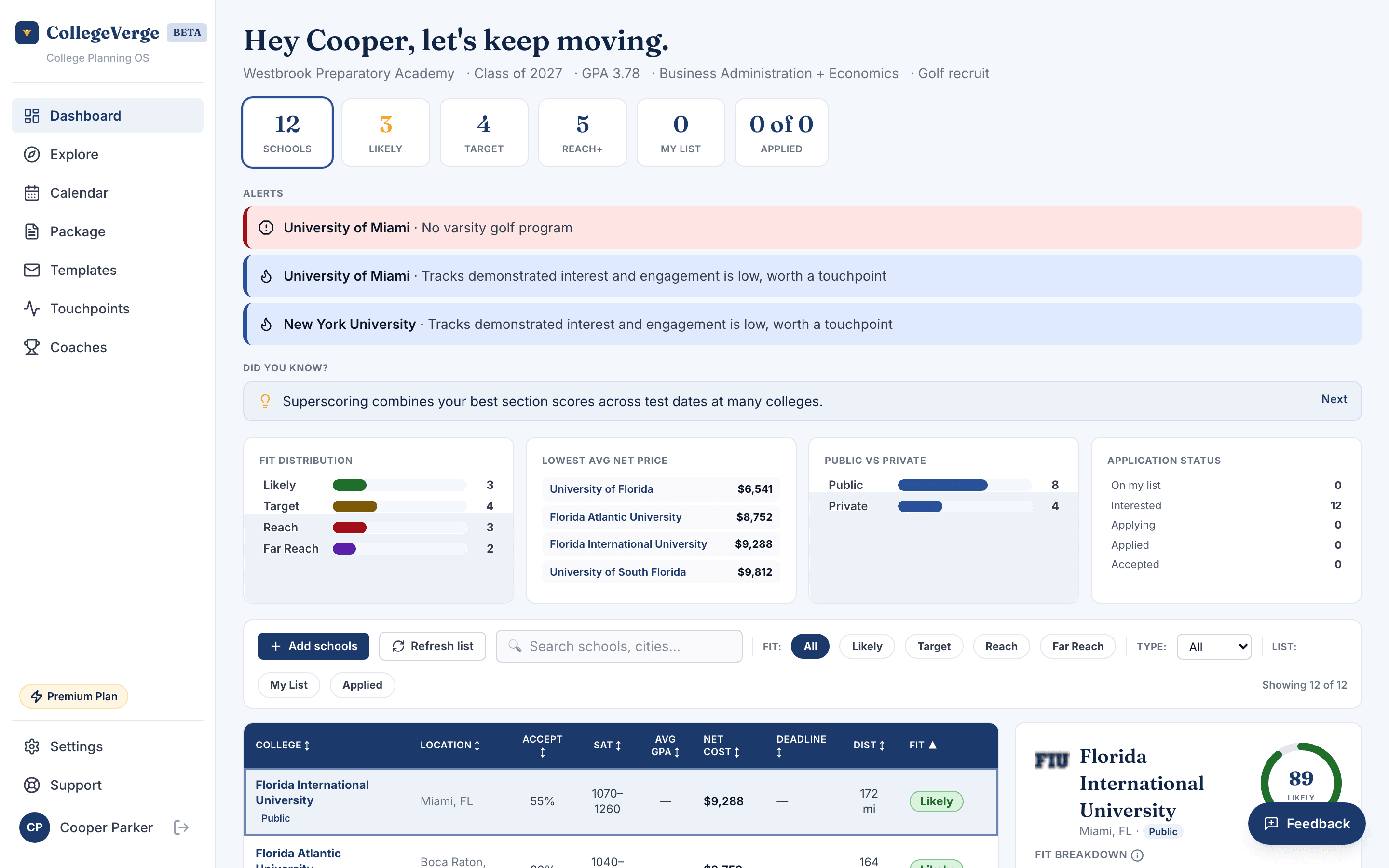 CollegeVerge dashboard showing a college list grouped by fit category, deadlines, and recent touchpoints