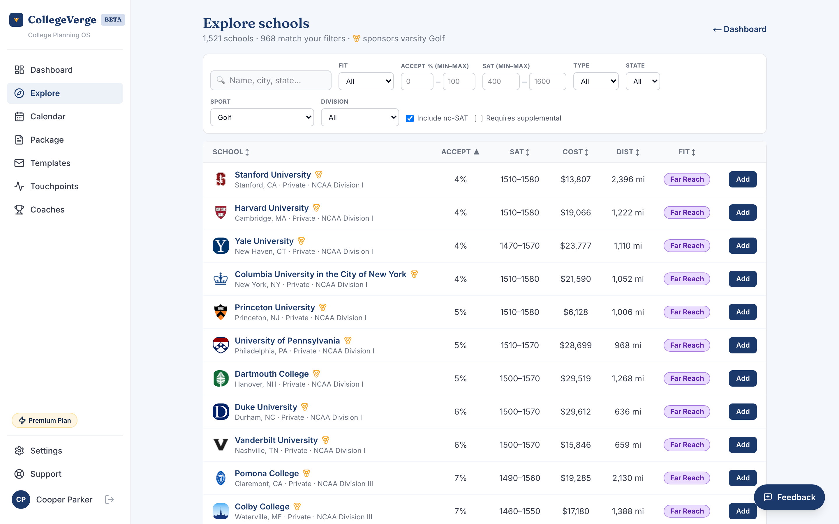 Explore colleges screen with filters