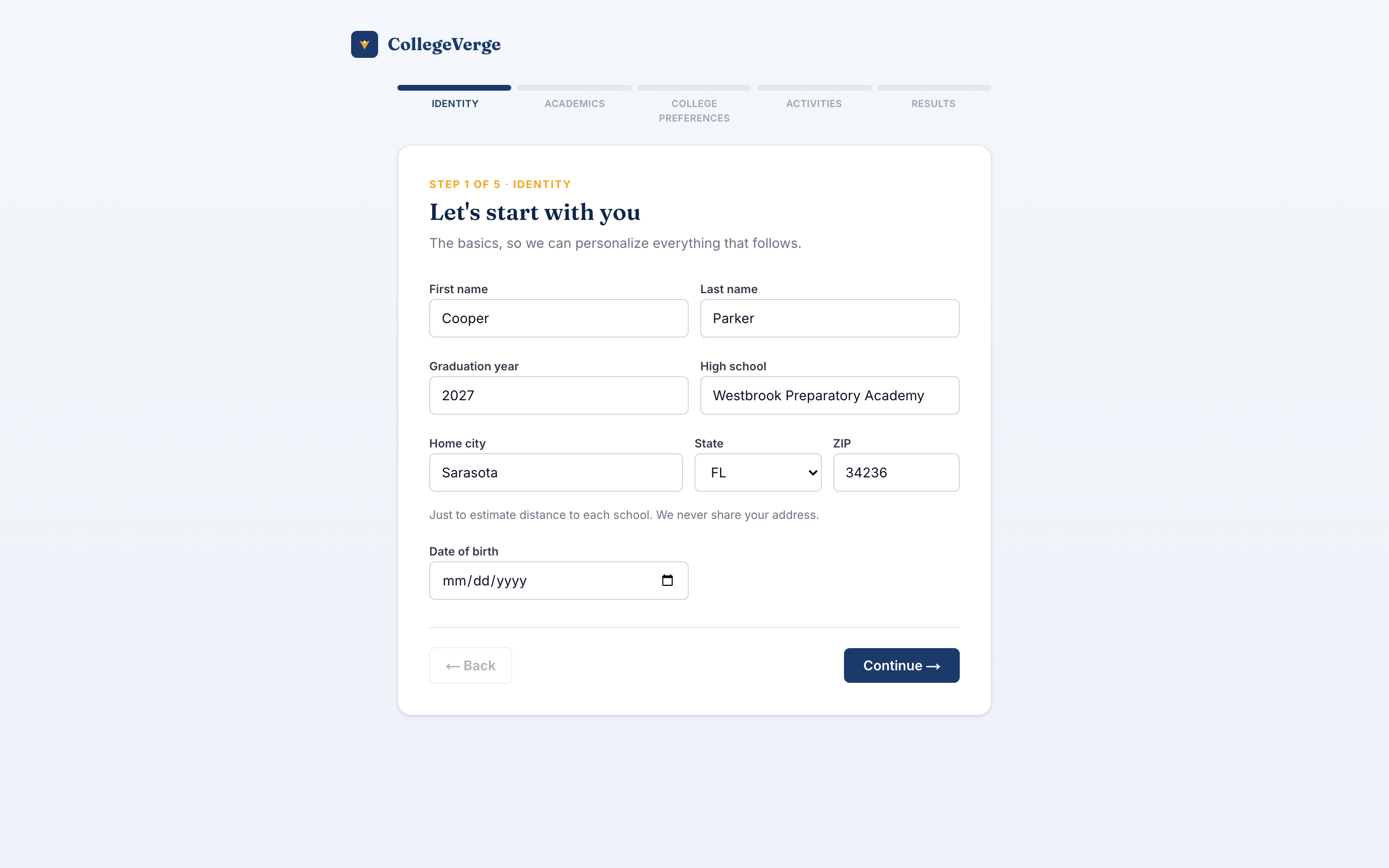 CollegeVerge onboarding wizard, step one of five